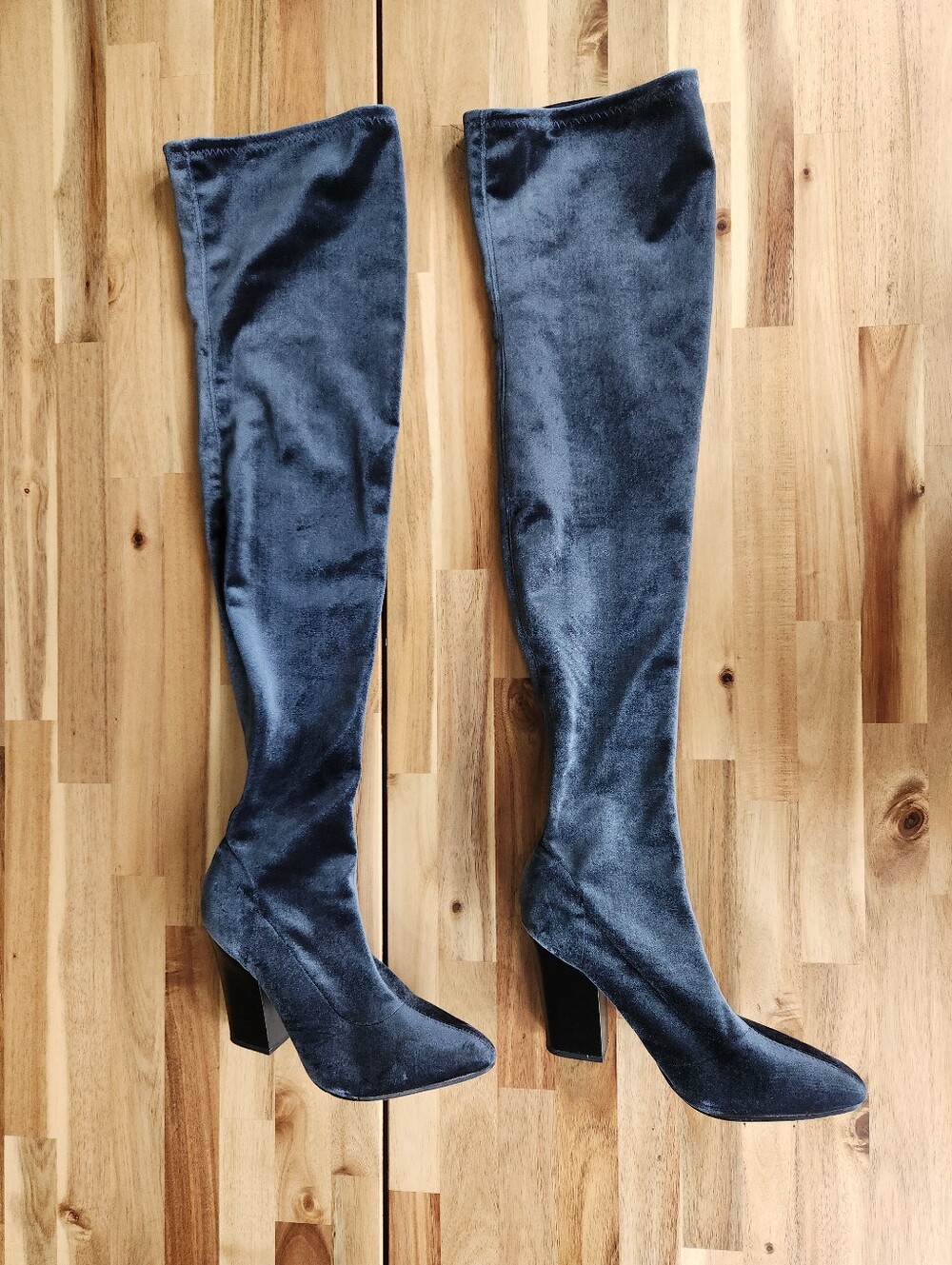 Zara Thigh High Velvet Boot in Blue-Grey
